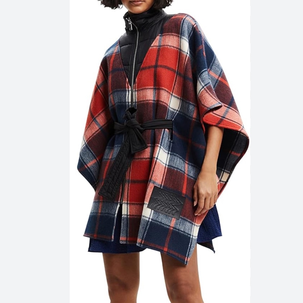 Desigual Plaid High Neck Belted Poncho OS Tartan Cape Red
